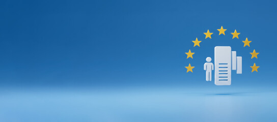 EU Airport Boarding Icon with Golden Stars on Blue Background, Unified Airspace Concept
