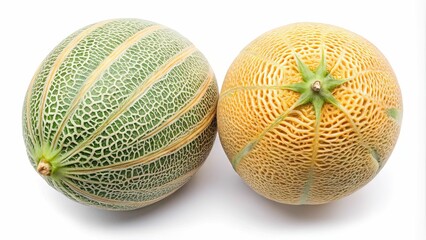 Two vibrant cantaloupes sit side by side on a clean white background