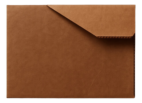 Brown cardboard square envelope with a triangular flap, showcasing a simple and minimalistic design on transparent background.