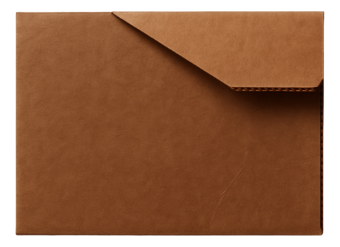 Brown cardboard square envelope with a triangular flap, showcasing a simple and minimalistic design on transparent background.