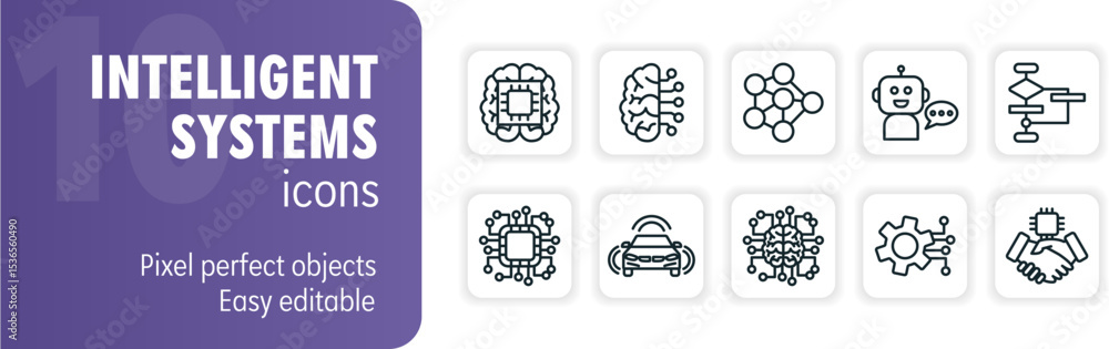 Poster set of ten intelligent systems icons representing artificial intelligence concepts