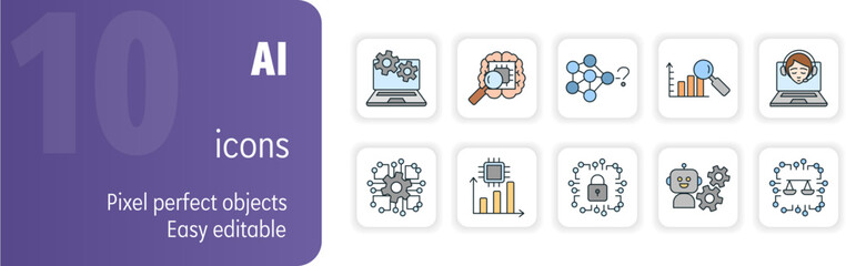 Artificial intelligence technology icon set representing machine learning and neural network