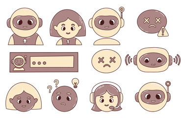 Chatbot, faces, virtual assistant and Human Emotion Icons for AI Interface. Vector icon set showing expressions, tech support, password security. Isolated hand drawing symbols for AI and UX design