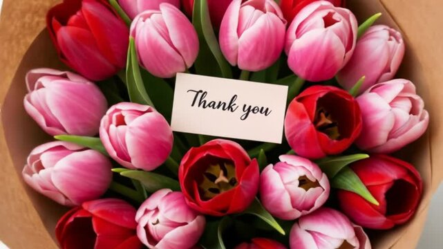 Pink tulips bouquet saying thank you