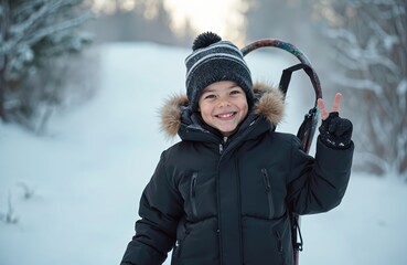 Cheerful boy in winter jacket with hat carries sled on snowy hill. He smiles and makes peace sign, enjoying fun outdoor day, frosty winter, child joy.