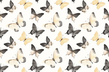 Seamless beige and black watercolor butterflies pattern background