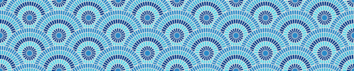 Tile seamless mosaic Greek pattern sea texture blue background Rome vector graphic. Mediterranean marble ornament floor architecture illustration. Circular wave border decor interior element.