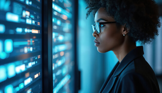 African American business woman using digital electronic screens. Modern tech data center work. Pro manager, executive, high tech device. Futuristic innovation, computer network, digital