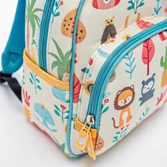 Close-up of a colorful kids backpack with cartoon animal prints, showing the zipper and front pocket details