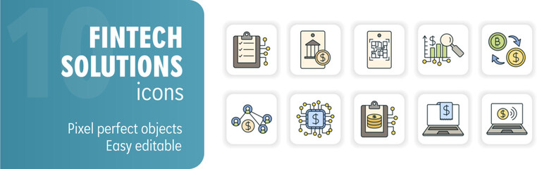 Fintech solutions icon set presenting financial technology and innovation