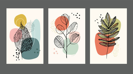 Three Abstract Botanical Prints Featuring Line Art Leaves and Organic Shapes in Pastel and Earthy Tones © appl