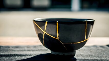 Kintsugi Bowl, Black and Gold Crackle Glaze
