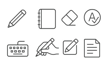 Writing Skills Icons. Line style icons for writing skills: pencil, notebook, eraser, grammar check, keyboard, writing hand, edit