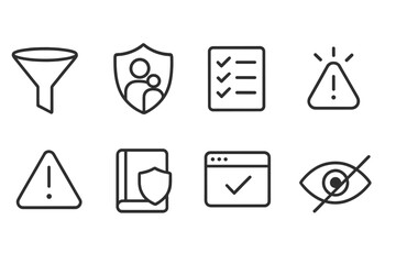 Content Filtering Icons. Line style icons for content filtering: filter funnel, parental control shield, list with checkmarks,