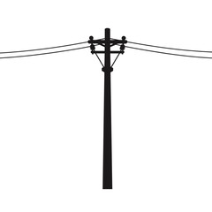 Electricity pole with power lines overhead. Tall wooden utility pole supporting electrical wires. Simple silhouette of power infrastructure. Image ideal for construction industry design projects