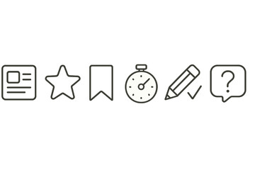 Flashcard Study Icons. Line style icons for flashcard study: flashcard, star, bookmark, timer, pencil, checkmark, note, quiz.