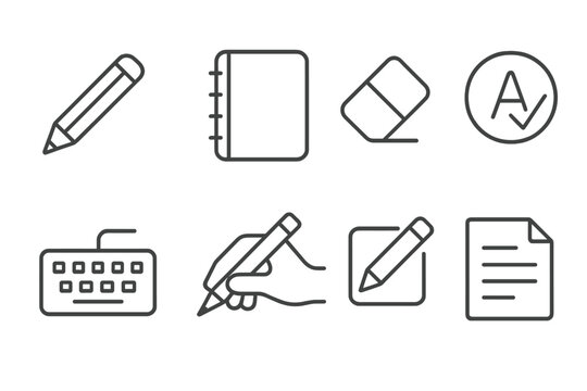 Writing Skills Icons. Line style icons for writing skills: pencil, notebook, eraser, grammar check, keyboard, writing hand, edit