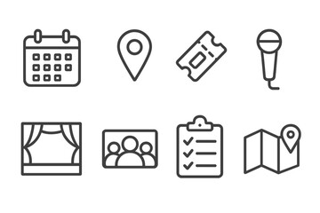 Event Icons Collection. Line style icons for events and meetups: calendar, location pin, ticket, microphone, stage, group photo,