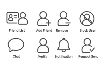Friend Management Icons. Line style icons for friend management: friend list, add friend, remove friend, block user, chat, profile