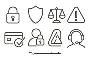 Customer Protection Icons. Line style icons of customer protection: lock, shield, legal scales, warning sign, secure payment,