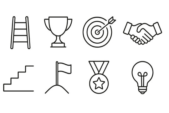 Equal Opportunity Icons. Line style icons of equal opportunities: ladder, trophy, target, handshake, staircase, flag, medal, light
