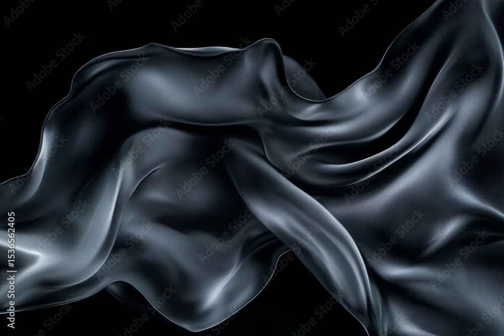 Poster elegant black satin fabric draped in waves, creating a dramatic and abstract background texture