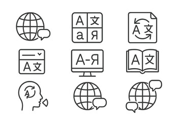 Multilingual Support Icons. Line style icons of multilingual support: globe with chat bubbles, multiple alphabet symbols,