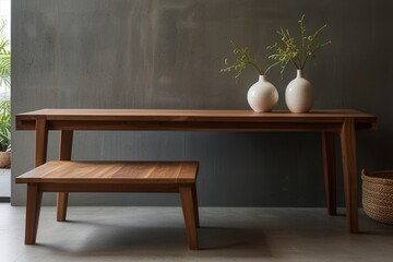 Modern Minimalist Interior Decoration with wooden furniture and white vases, peaceful life