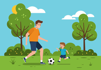 Fototapeta premium A man and a child play soccer in a park under a blue sky with clouds