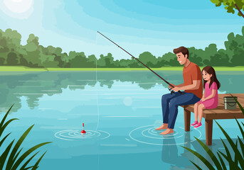 A man and girl fishing on a dock rod extended bobber in calm water with greenery bright sky © dhorido studio