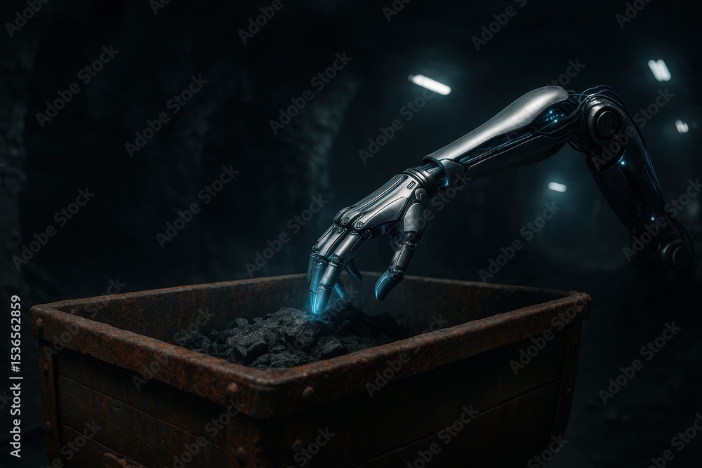Poster robot arm retrieves essential minerals for electronics in dimly lit mining environment