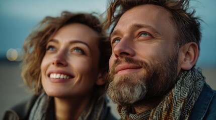 Fototapeta premium Daydreaming in unison: A tender close-up of a loving couple gazes skyward, their faces illuminated by a shared moment of hopeful introspection and shared dreams, with smiles playing on their lips. 