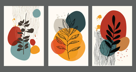 Abstract Botanical Prints Set Three Minimalist Plant Branch Illustrations Orange Yellow Teal Red Cream Backgrounds