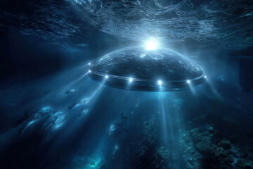 Mysterious underwater craft emits light among ocean life during deep dive exploration