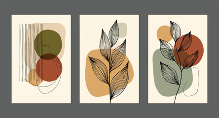 Three Abstract Botanical Prints Beige Background Olive Green Terracotta Orange Line Art Minimalist Wall Art Set