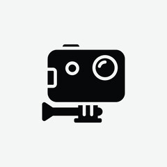 Fototapeta premium Modern black and white handheld camera icon with clean design, ideal for digital apps, tech UI, or media graphics. Features a lens, buttons, and portable grip on light gray background.