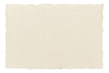 Textured beige torn paper sheet with rough edges on transparent background.