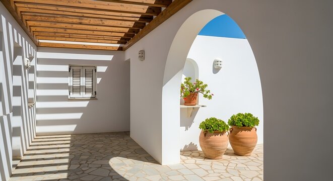 Sunny Mediterranean courtyard with terracotta pots and wooden pergola casting shadows.