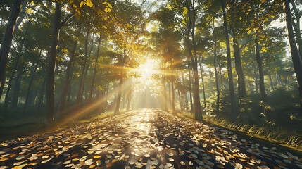 Serene Sunlit Forest Paths: Morning Light Filtering Through Lush Canopies