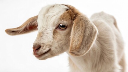 Close-up of a baby goat with floppy ears and a curious expression against a white background