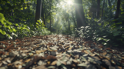 Serene Sunlit Forest Paths: Morning Light Filtering Through Lush Canopies