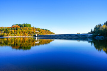 View of the Oleftalsperre Dam and the surrounding landscape. Nature at the lake near the Eifel...