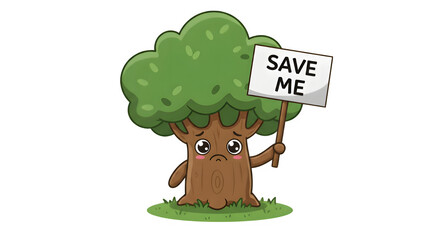 Cute tree holding a save me sign for environmental protection