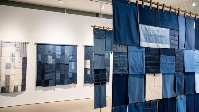 Denim Textile Art Exhibit Featuring Multiple Panels and Hanging Installations in Gallery Space with Wooden Rods