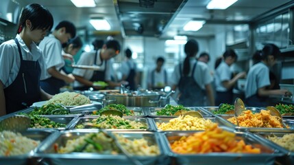 Busy school cafeteria kitchen with students preparing and serving food