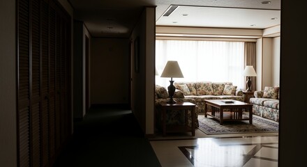 Dimly Lit Living Room with Floral Sofas