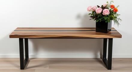 Modern Wooden Bench with Pink Roses Vase