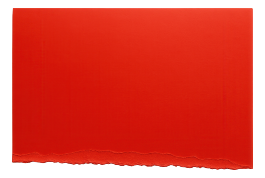 Bold red rectangular paper with a torn edge at the bottom on transparent background.