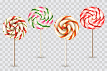 Round striped lollipops set. Vector 3d realistic candy illustration. Holiday Christmas, birthday design elements