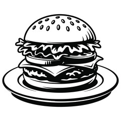 Burger with toppings on plate in stylized black and white vector, minimal food illustration with bold linework

